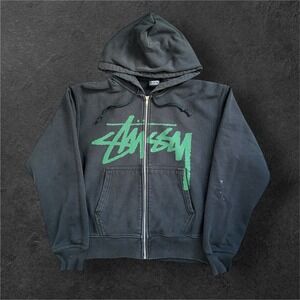 Stussy Zip Up Hoodie Mens Small Black Green Graphic Virgin Merry Graphic Print